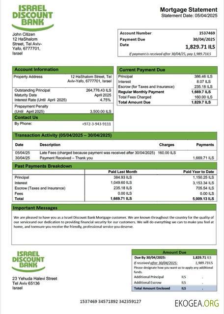 Modèle Word et PDF de relevé hypothécaire de la Israel Discount Bank